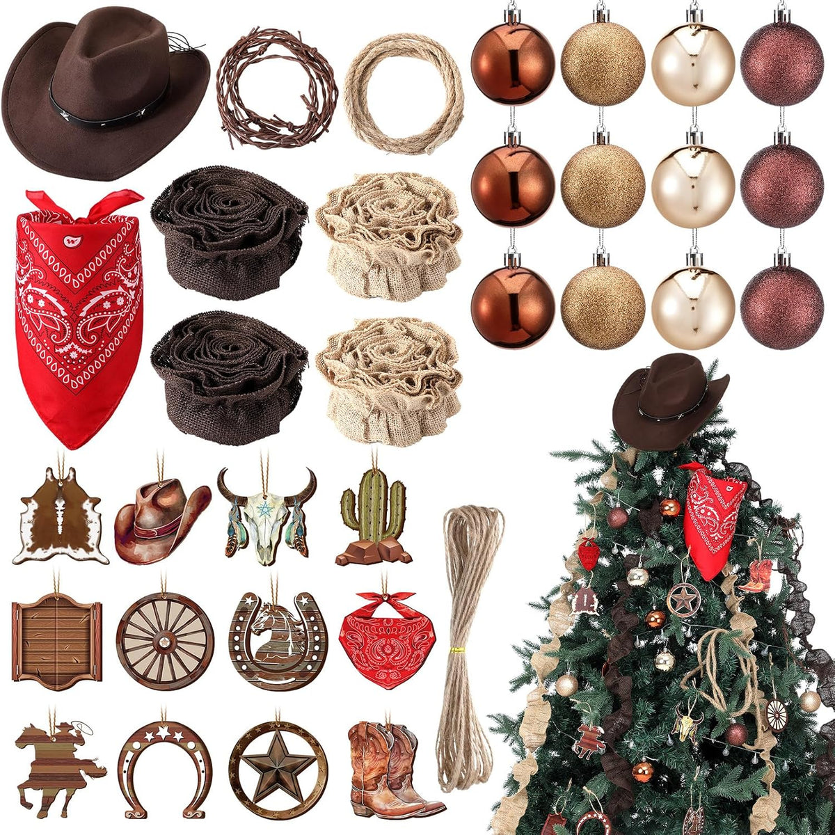 32 Pcs Western Christmas Ornaments Cowboy Tree Decorations Rustic Set