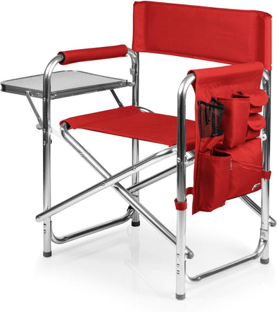 PICNIC TIME Sports Chair with Side Table and Armrest Caddy, Lightweight Aluminum Folding Outdoor Camping Chair for Adults, Portable Director Style Lawn Seating with Pockets & Carry Strap, (Red)