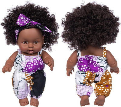Ecore Fun 2 Pcs 8 Inch Black Baby Doll with Clothes and Accessories | African Washable Realistic Silicone Baby Dolls with Clothes and Hairband Pretend Play Age 3+