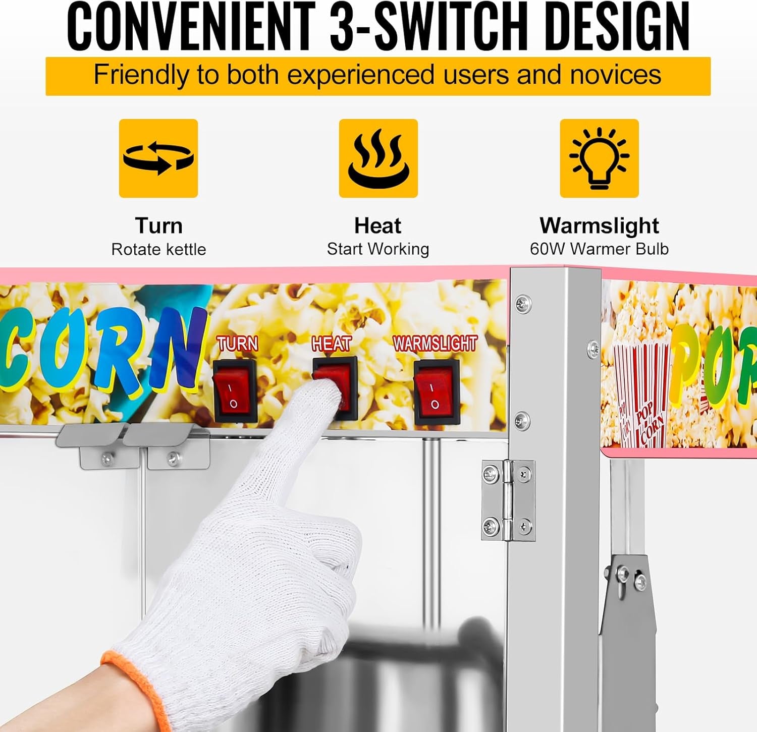 Commercial Countertop Popcorn Maker Machine 8 Ounce Kettle Movie Theater Automatic Popcorn Popper with Heating Rod Heat Lamp Safety Tempered Glass Doors