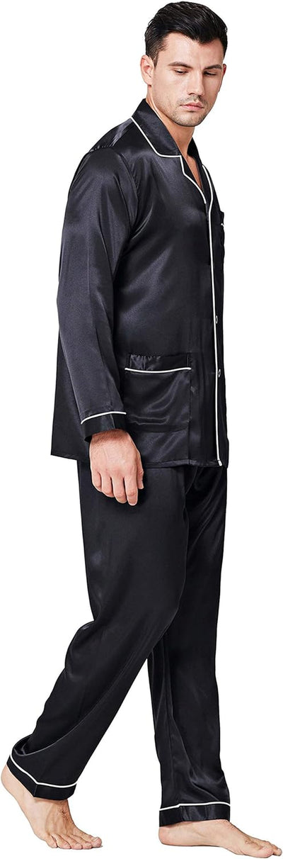 Lonxu Pajamas Set Mens Silk Satin Pajamas Long Sleeve Loungewear Two-Piece Sleepwear Button-Down Pj Set S-XXXXL