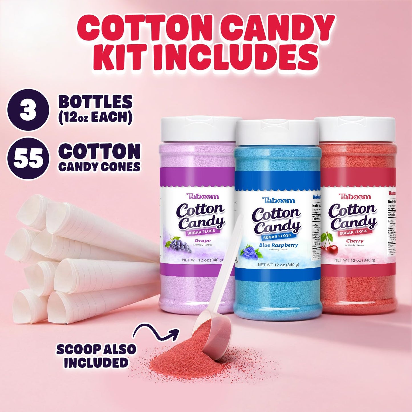Cotton Candy Sugar Floss Variety Pack - Grape, Raspberry & Cherry Flavors, 3 Bottles (12Oz Each) Includes 55 Cotton Candy Cones for Home & Commercial Cotton Candy Machines, Parties, Carnivals & Events