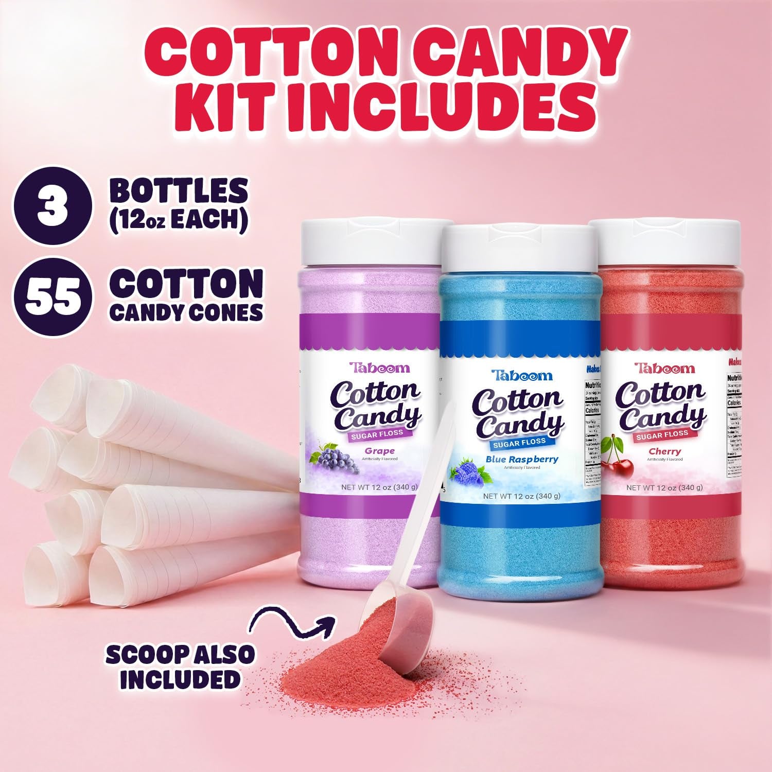 Cotton Candy Sugar Floss Variety Pack - Grape, Raspberry & Cherry Flavors, 3 Bottles (12Oz Each) Includes 55 Cotton Candy Cones for Home & Commercial Cotton Candy Machines, Parties, Carnivals & Events
