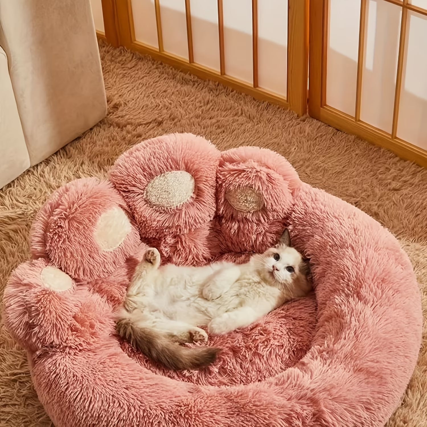 Kylinsure Paw Shape Calming Pet Bed, Plush Faux Fur Donut Bed for Dogs & Cats, Machine Washable, Non-Slip Bottom