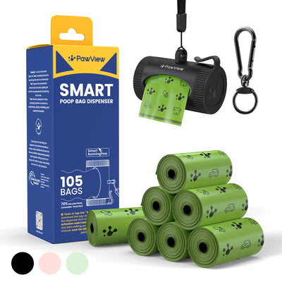 Pawview | Dog Poop Bag Dispenser with 7 Refills, Extra-Thick, Durable and Guaranteed Leakproof, Lavender Scented, Hands-Free Walking Set for Big and Small Dogs