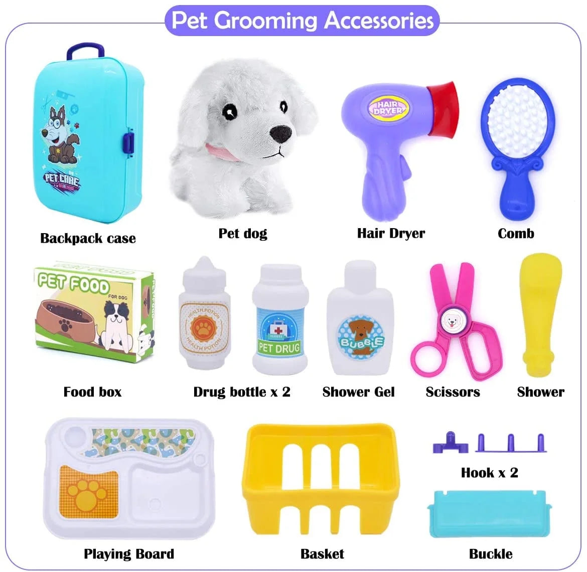 GLUAAE Toys for Kids Dog Grooming Doctor Kit Toys, Pet Care Play Set Pretend Puppy Dog Carrier, Pet Grooming Toy with Sturdy Gift Case for Toddler Boys and Girls