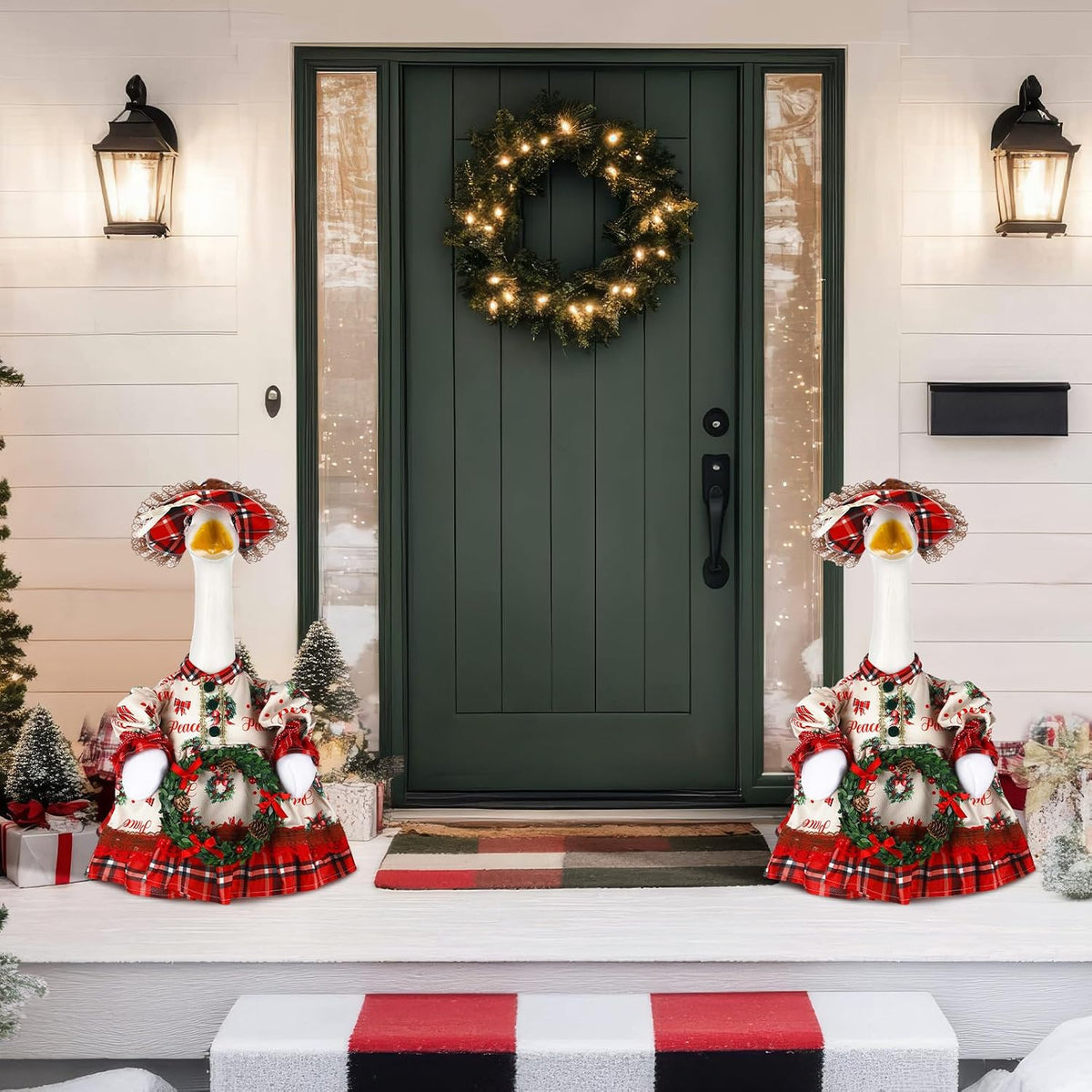 Suzile Christmas Wreath Porch Goose Outfit, 23 Inch Cement Plastic Geese