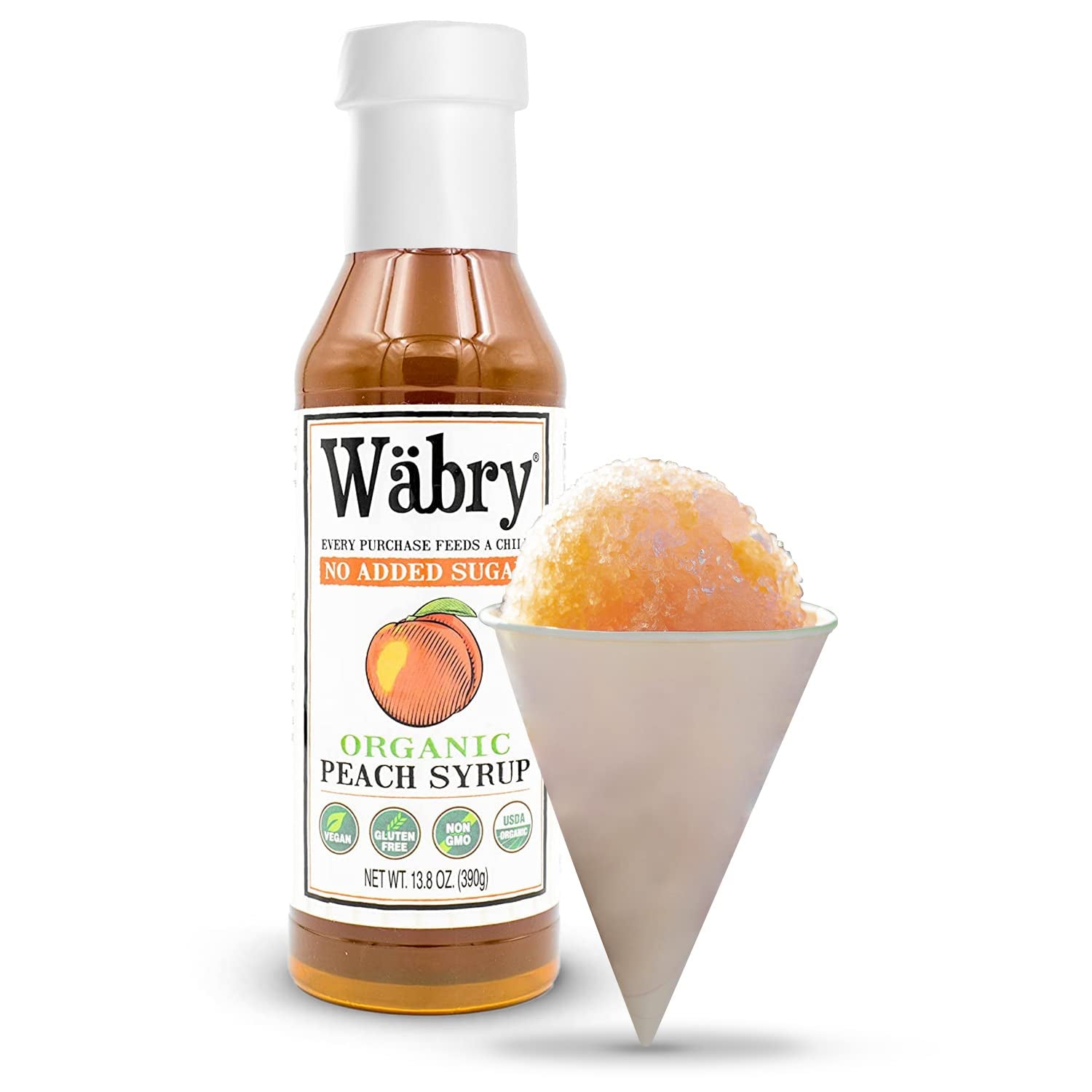 Wäbry Organic Peach Syrup No Added Sugar – 13.8Oz (390G), Sweetened with Stevia & Erythritol, Natural Fruit Syrups for Drinks, Pancakes, Shaved Ice & Ice Cream, Vegan Non-Gmo, Dye-Free Snow Cone Syrup