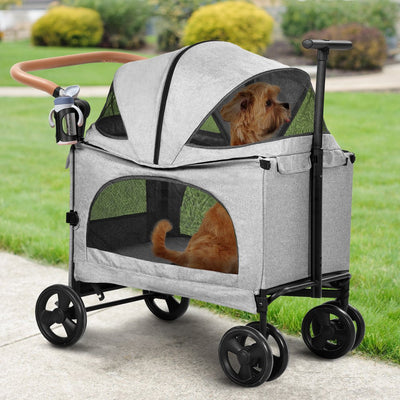 Dextrus Pet Cat Dog Stroller for Medium & Large Pet, for up to 165Lbs, Foldable Cart with 4 Wheels, Mesh Skylight and Adjustable Handle for Dog Travel - Grey & Black