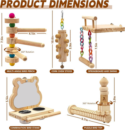 5PCS Bird Perch and Toy Set. Includes a Perch, Feeder, Swing, and Chew Toy. Hangable Natural Solid Wood Birdcage Accessories, Suitable for Small Budgies, Cockatiels, Conures, Lovebirds, Etc.