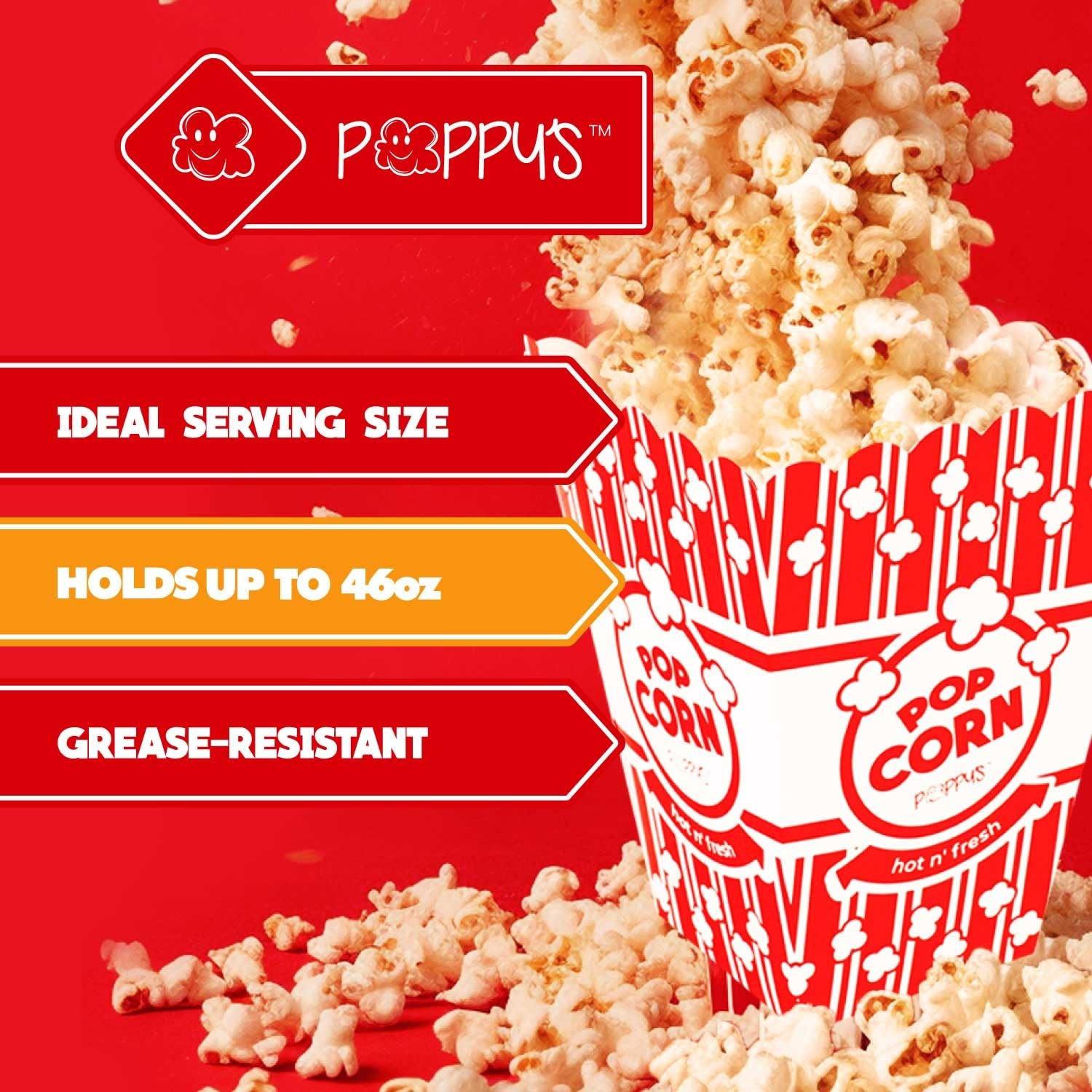Poppy'S Large Popcorn Boxes – 20 Pack 46 Oz Concession-Grade Popcorn Buckets, Popcorn Machine Accessories for Popcorn Bars, Movie Nights, Concessions