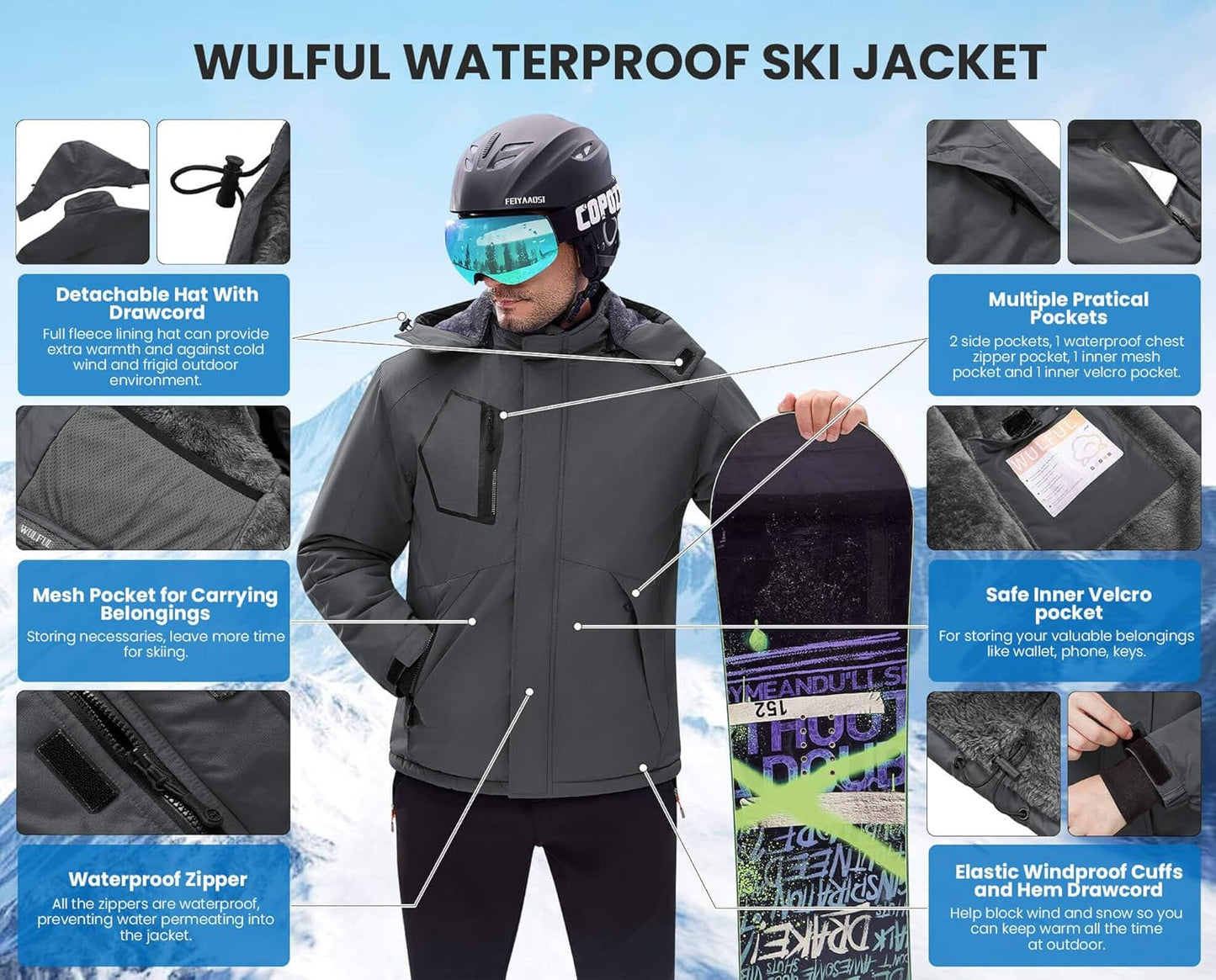 WULFUL Men'S Waterproof Ski Jacket Warm Winter Coats Windproof Winter Jackets for Men Fleece Lined Windbreaker with Hood