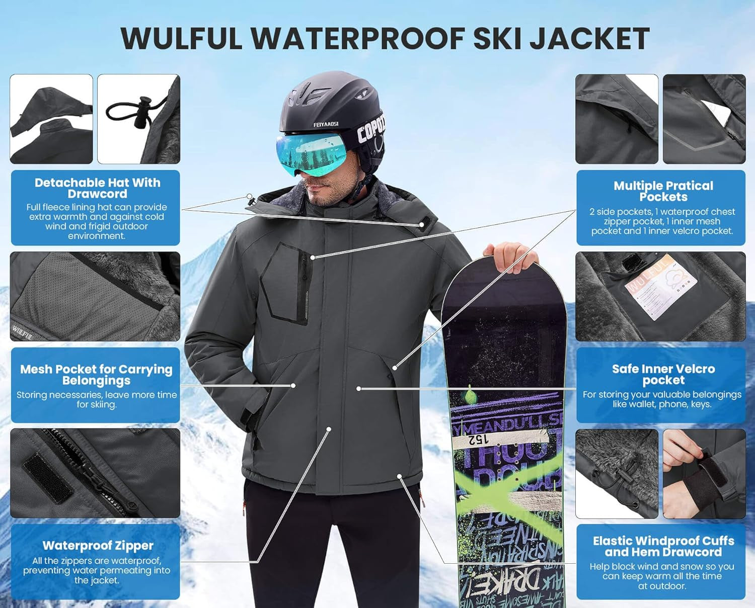 WULFUL Men'S Waterproof Ski Jacket Warm Winter Coats Windproof Winter Jackets for Men Fleece Lined Windbreaker with Hood