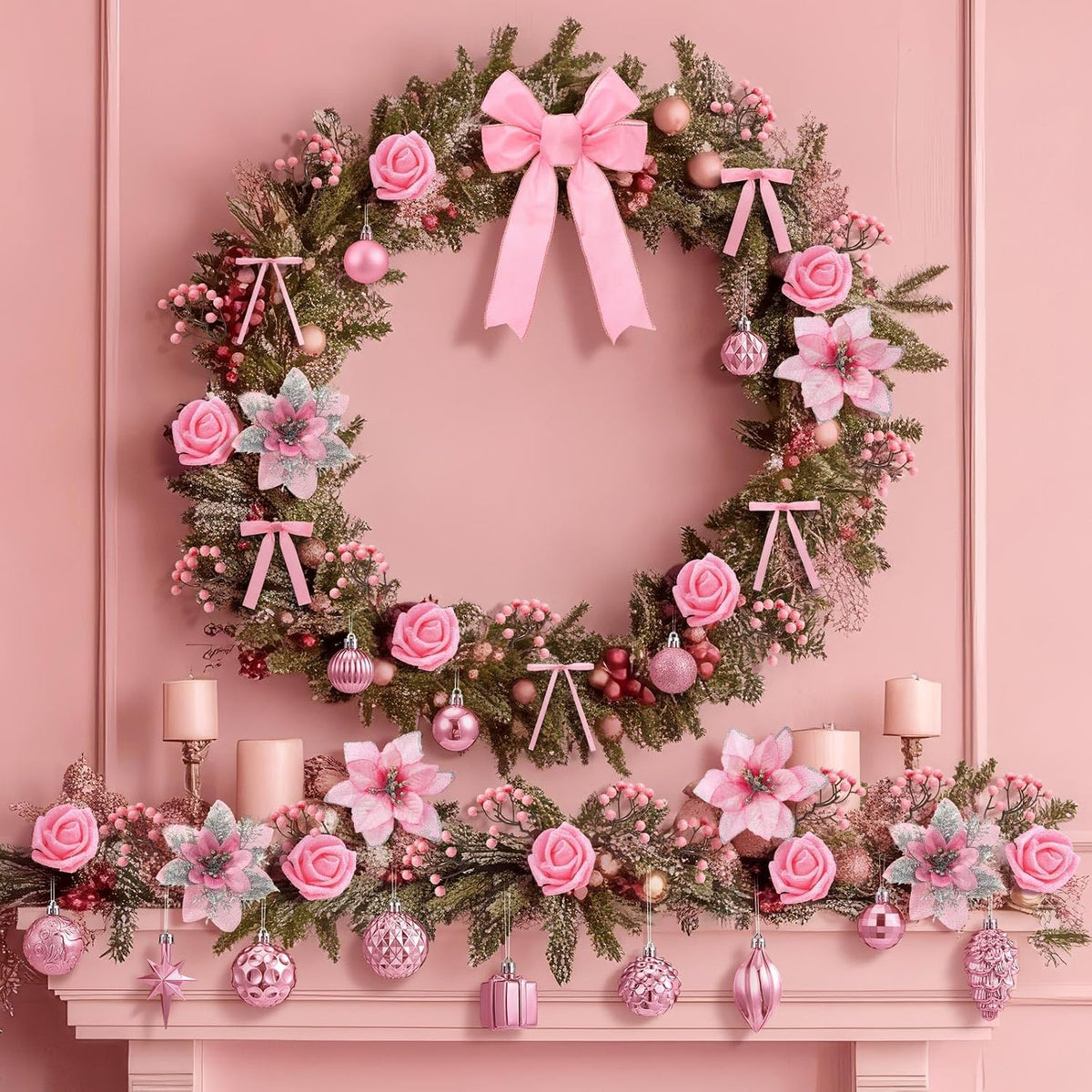111 Pcs Pink Christmas Ornaments, Bow Topper Ball Poinsettia Rose