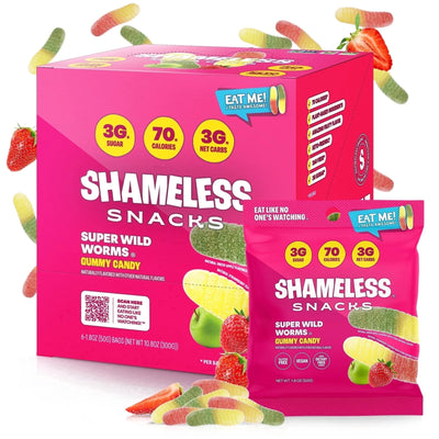 Shameless Snacks - Healthy Low Calorie Snacks, Low Carb Keto Gummies (Gluten Free & Non GMO Candy) - 6 Pack Wild Worms