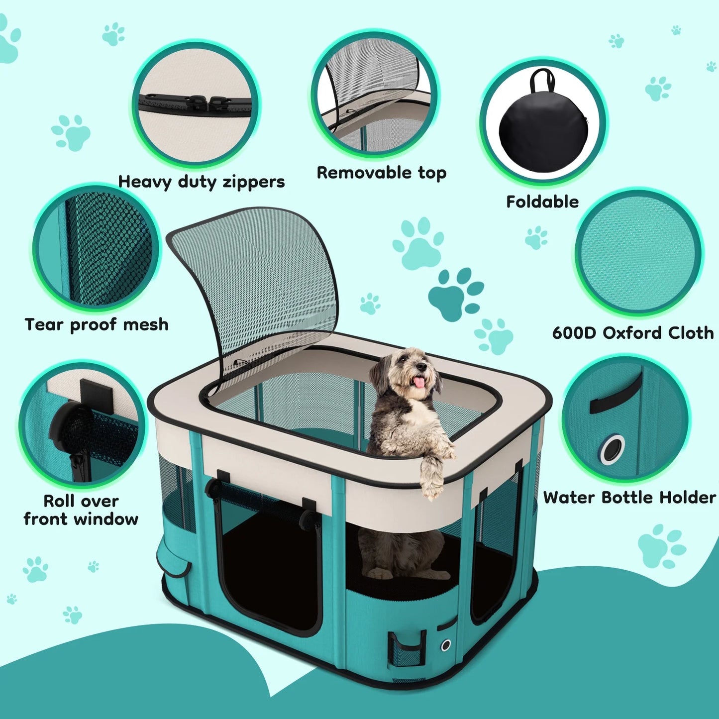 BEBANG Pet Playpen, Foldable Portable Dog Cat Playpens Exercise Kennel Tent, Removable Shade Cover, Indoor Outdoor Travel Camping Use(M)