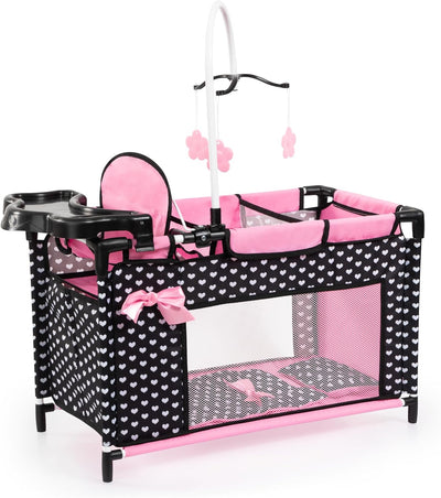 Bayer Baby Doll Furniture Set with Bed, Highchair & Hangers, Black/Pink | Nursery Station with Feeding Tray, Blanket, Pillow and Storage Compartment for 18 Inch Dolls. Encourages Roleplay