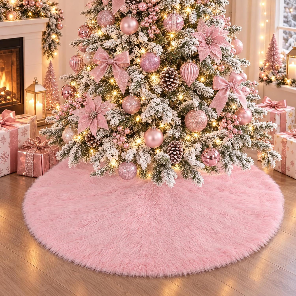 Pink Fur Tree Skirt, 36 Inch Faux Fur Fluffy Christmas Tree Skirt