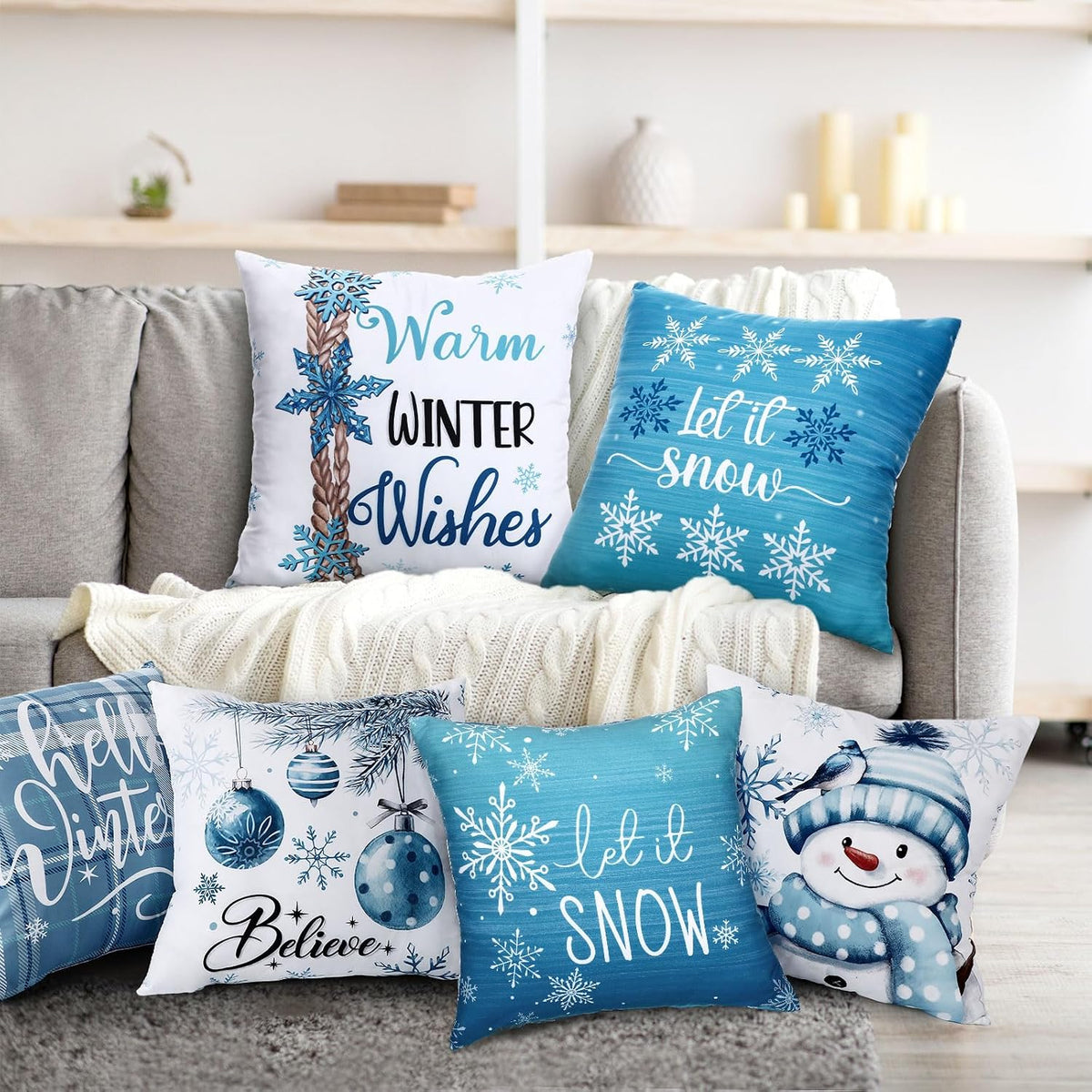 Hunnmingre Set of 6 Blue Christma Snowman Pillow Covers 18 X 18 Inch