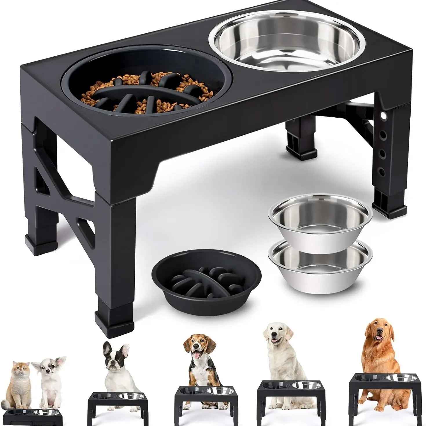Niubya Elevated Dog Bowls, 5 Adjustable Heights Raised Dog Bowl Stand, with 2 Stainless Steel Dog Food Bowls and 1 Slow Feeder Dog Bowl, Adjusts to Height 3.2" to 12.2" for Small Medium Large Dogs NIUHEE