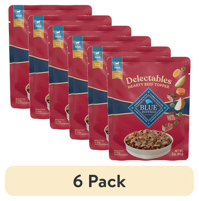 (6 Pack) Blue Buffalo Delectables Natural Wet Dog Food Toppers, Hearty Beef, 3-Oz Pouch