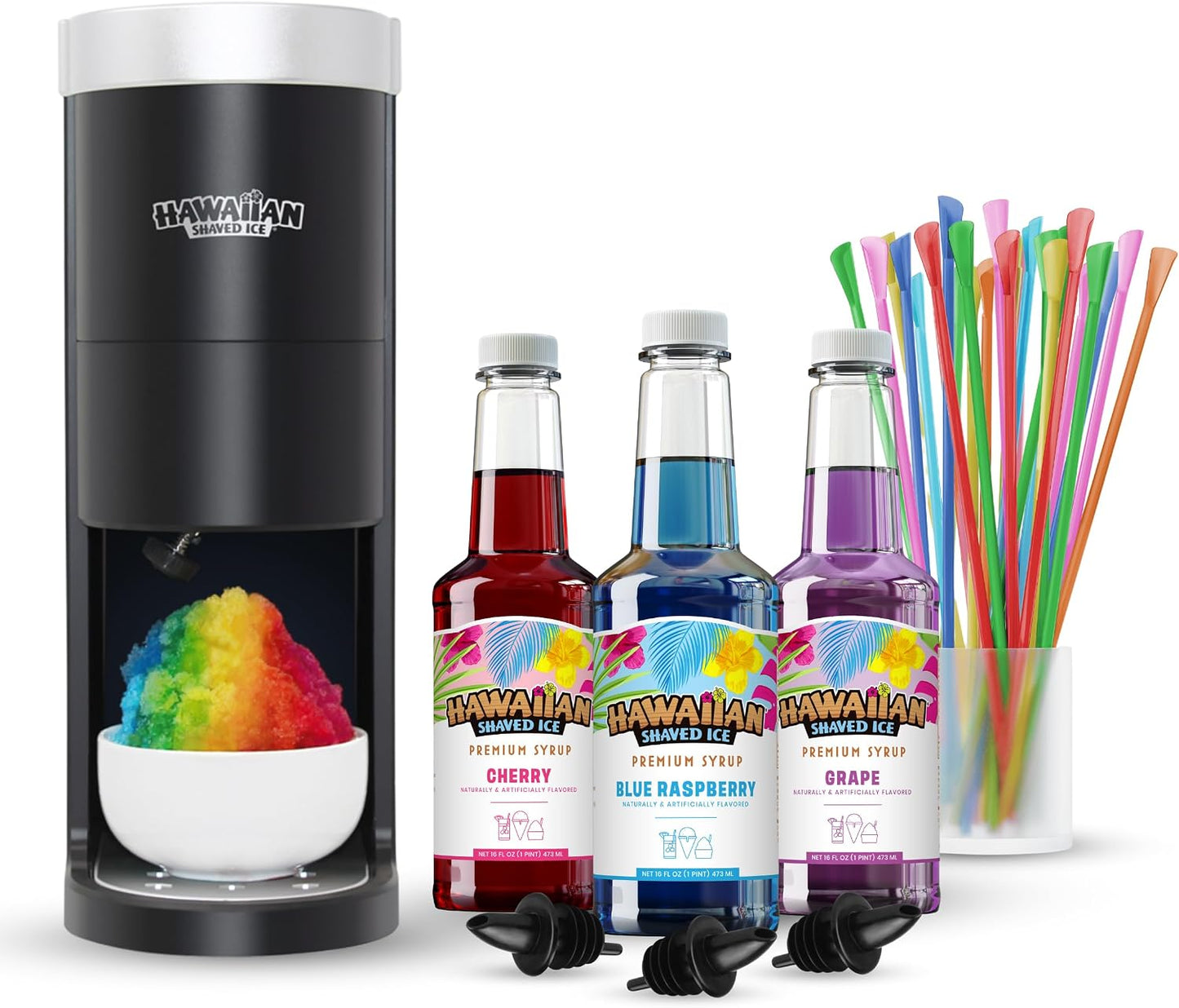 Hawaiian Shaved Ice Homepro Shaved Ice Machine Kit, 3-16Oz. Syrup Flavors Cherry, Grape, Blue Raspberry, 50 Spoon Straws, 3 Black Pour Spouts