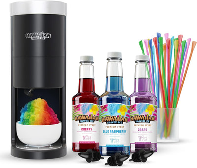 Hawaiian Shaved Ice Homepro Shaved Ice Machine Kit, 3-16Oz. Syrup Flavors Cherry, Grape, Blue Raspberry, 50 Spoon Straws, 3 Black Pour Spouts