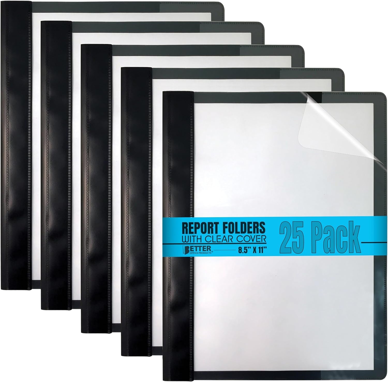 Better Office Products Ultra Durable Clear Front Report Covers, 25 per Box, Letter Size, Black, Poly Back Cover, with Fasteners, Lay Flat, Box of 25