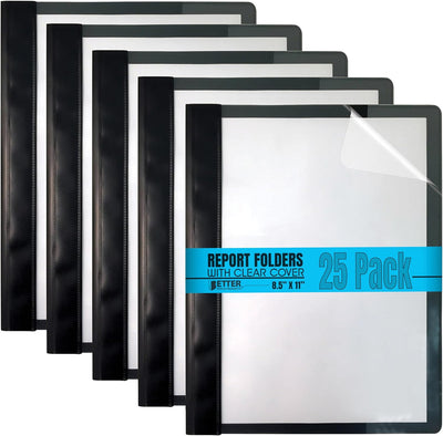 Better Office Products Ultra Durable Clear Front Report Covers, 25 per Box, Letter Size, Black, Poly Back Cover, with Fasteners, Lay Flat, Box of 25
