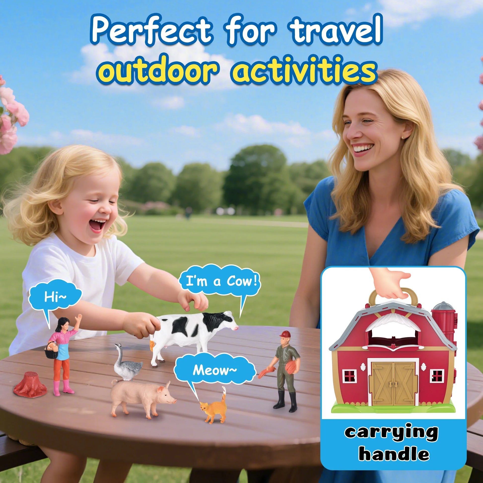 QIAHO Farm Animal Toys Take along Barn Playset for Toddlers with 10 Realistic Animal Figurines, Pretend Play Educational Gift