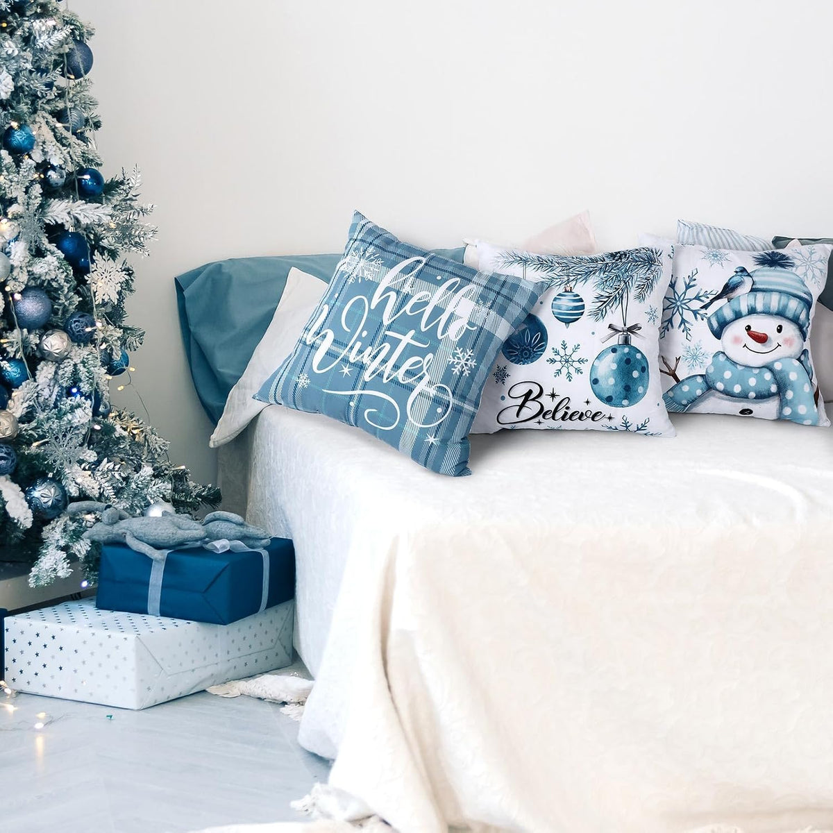 Hunnmingre Set of 6 Blue Christma Snowman Pillow Covers 18 X 18 Inch