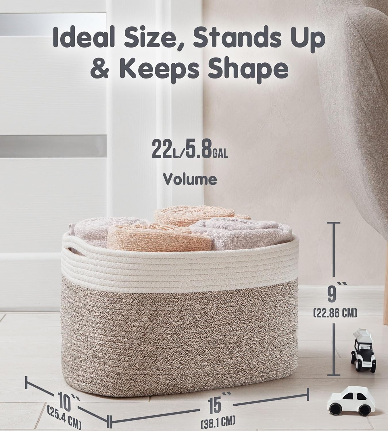 CHAT BLANC Cotton Rope Baskets for Organizing | 15”X10”X9” Storage Baskets for Shelves | Small Laundry Woven Baskets for Storage, Dog Toy Bin, Baby Basket,Off White&Brown 3 Pack