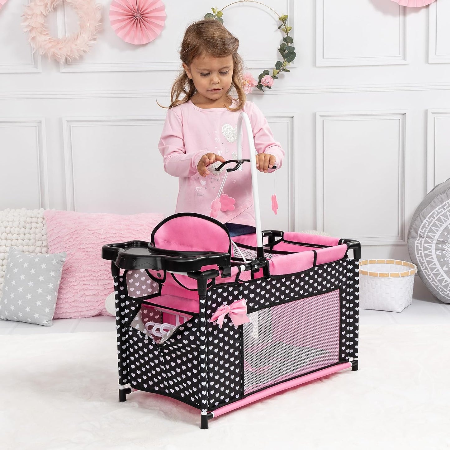 Bayer Baby Doll Furniture Set with Bed, Highchair & Hangers, Black/Pink | Nursery Station with Feeding Tray, Blanket, Pillow and Storage Compartment for 18 Inch Dolls. Encourages Roleplay