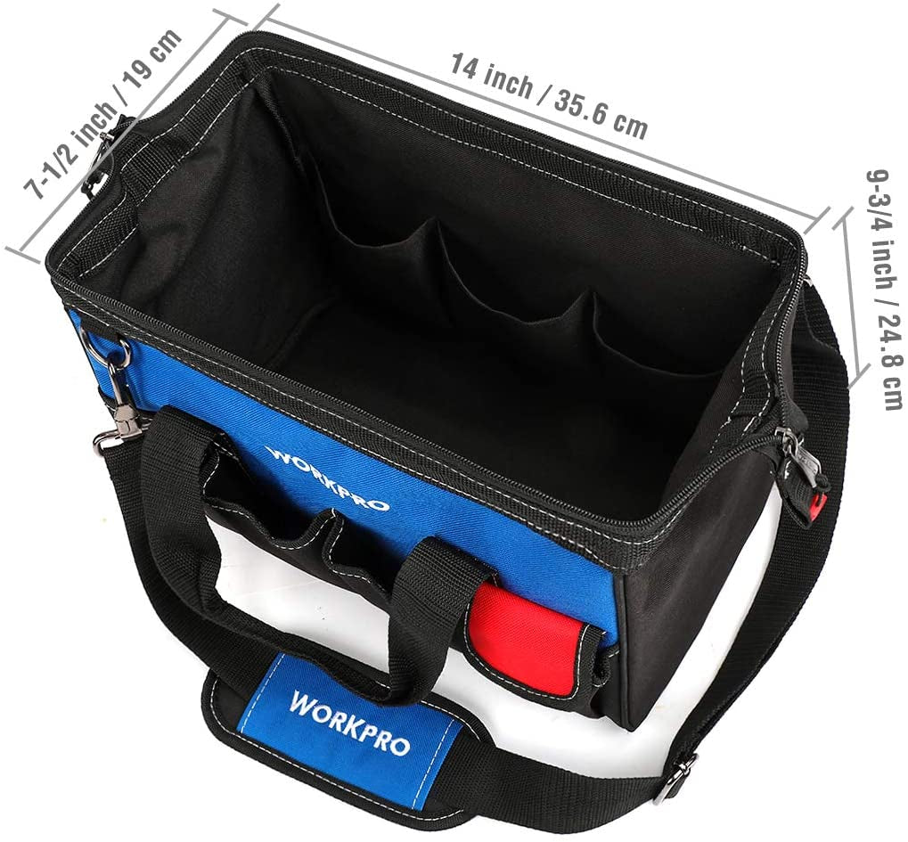 WORKPRO 14-Inch Tool Bag, Multi-Pocket Tool Organizer with Adjustable Shoulder Strap