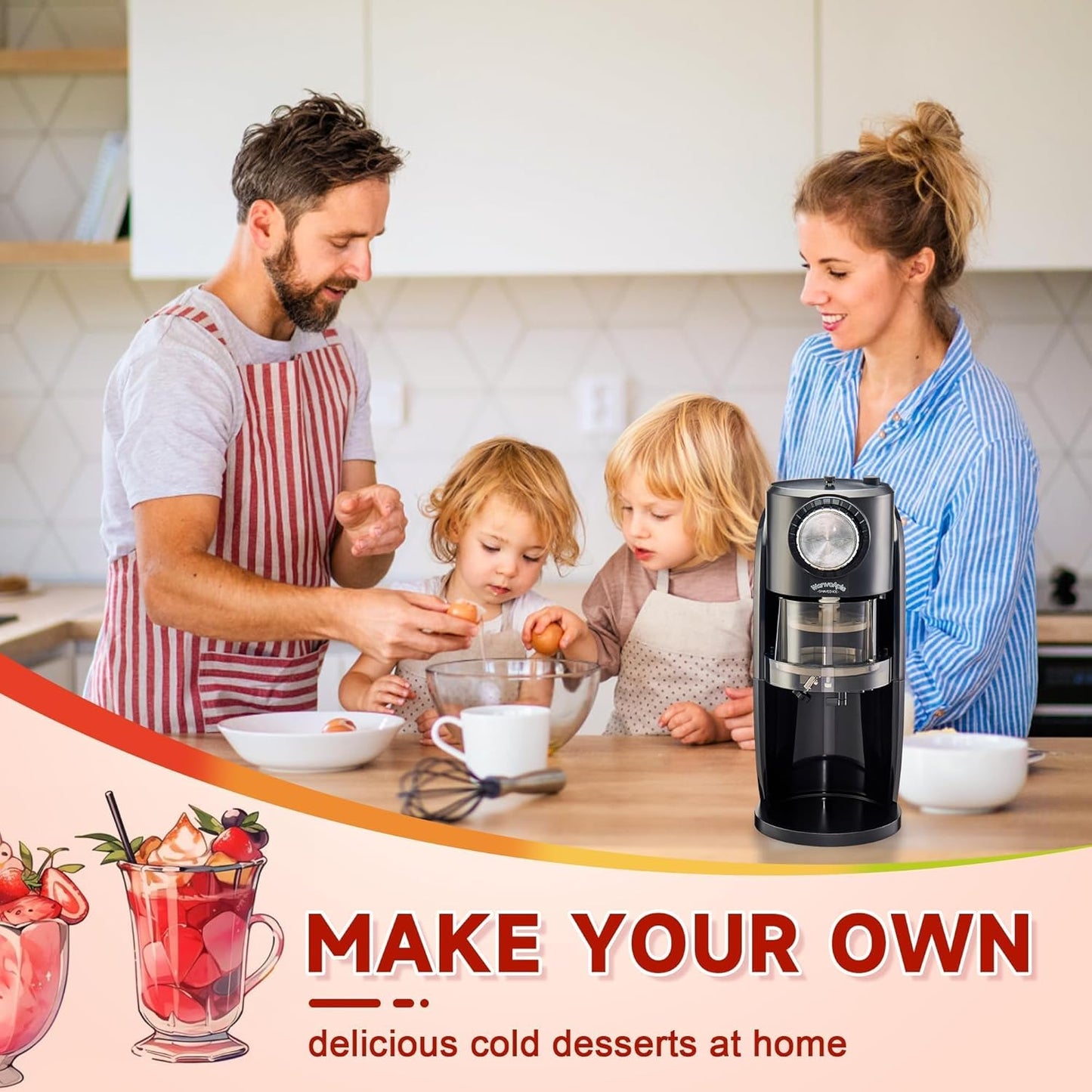Shaved Ice Machine - Snow Cone Machine Equipped with Stainless Steel Blade Adjustment Knob to Freely Adjust the Thickness of the Snowflakes and 2 Reusable Plastic Ice Mold Cup