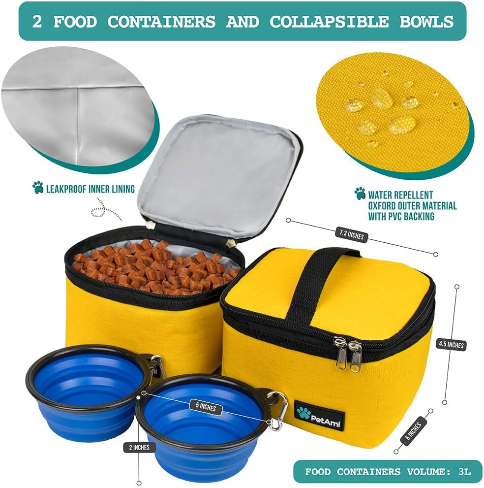 Petami Dog Travel Bag Organizer, Pet Travel Kit with 2 Food Containers & 2 Collapsible Dog Bowls, Pet Supplies Tote with Luggage Sleeve, Weekend Road Trip Camping Essentials, Yellow, Medium