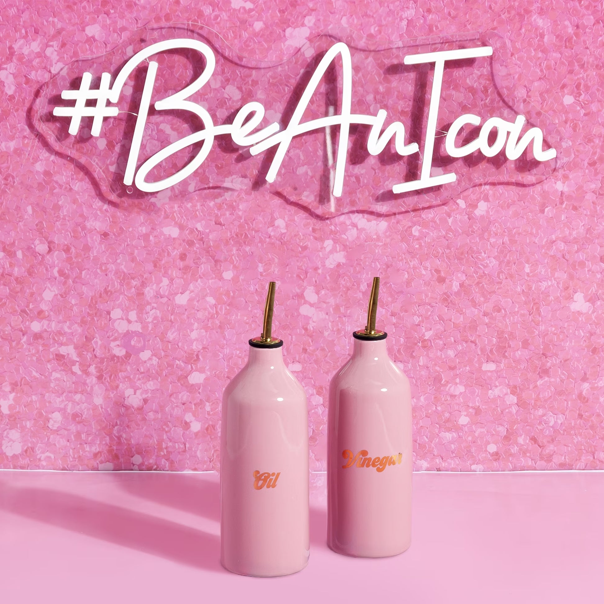 Paris Hilton Ceramic Oil and Vinegar Cruet Set, Drip-Free Spouts, Gold Details, Pink