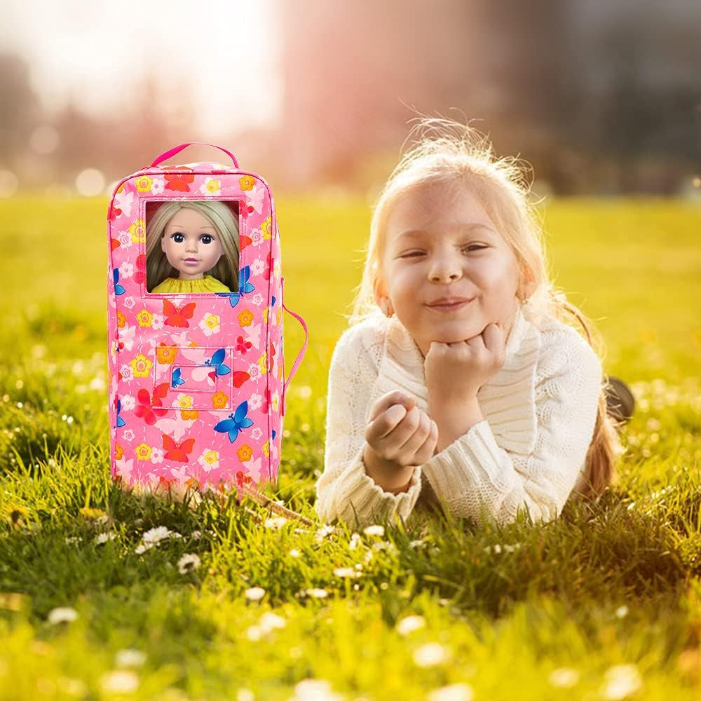 ZITA ELEMENT 14.5 Inch Girl Doll Butterfly Design Carrier Case Travel Bag | Standing Doll Display Accessories Set for Travel Sorage for 14.5 Inch Doll Going Out,Gift Age 3+