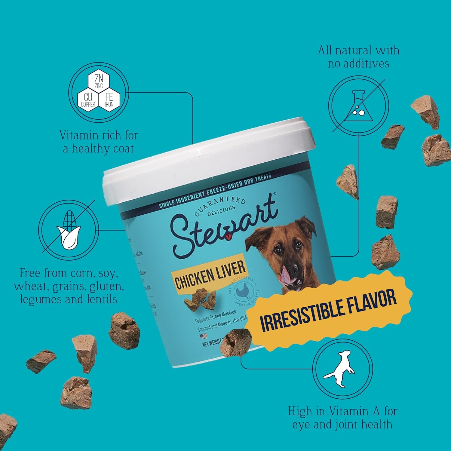 Stewart 100% Chicken Liver Dog Treats, 1.5 Oz Tub, ~25 Pieces, Freeze Dried Raw, Single Ingredient, 60% Protein Training Treats or Meal Topper, Grain Free, Gluten Free