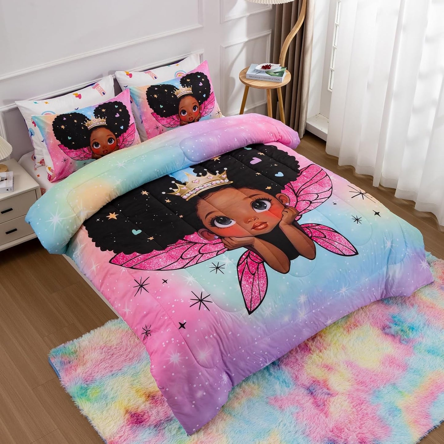 A Nice Night Black Girl Princess with Wings Comforter Set,Pink Gradient Glitter Rainbow Galaxy 6Pcs Kids Twin Size Bedding Set,Room Decor for Girls