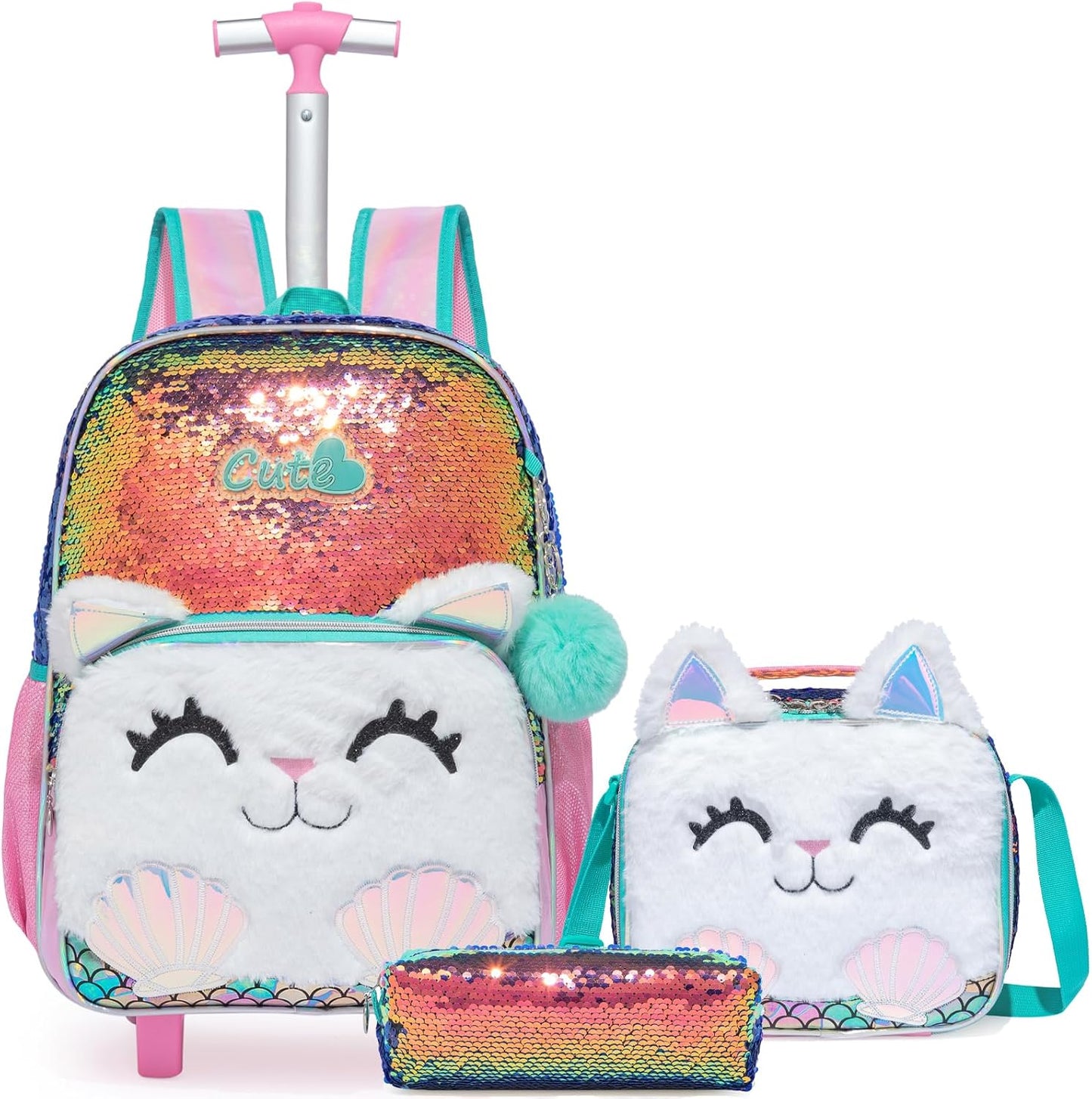 Kids Rolling Cats Backpack for Girls Plush Trolley Suitcases Luggage Travel with Wheels Bookbag Wheeled 17" Roller Backpacks Set Toddler Back Pack School Bags for Elementary Champagne