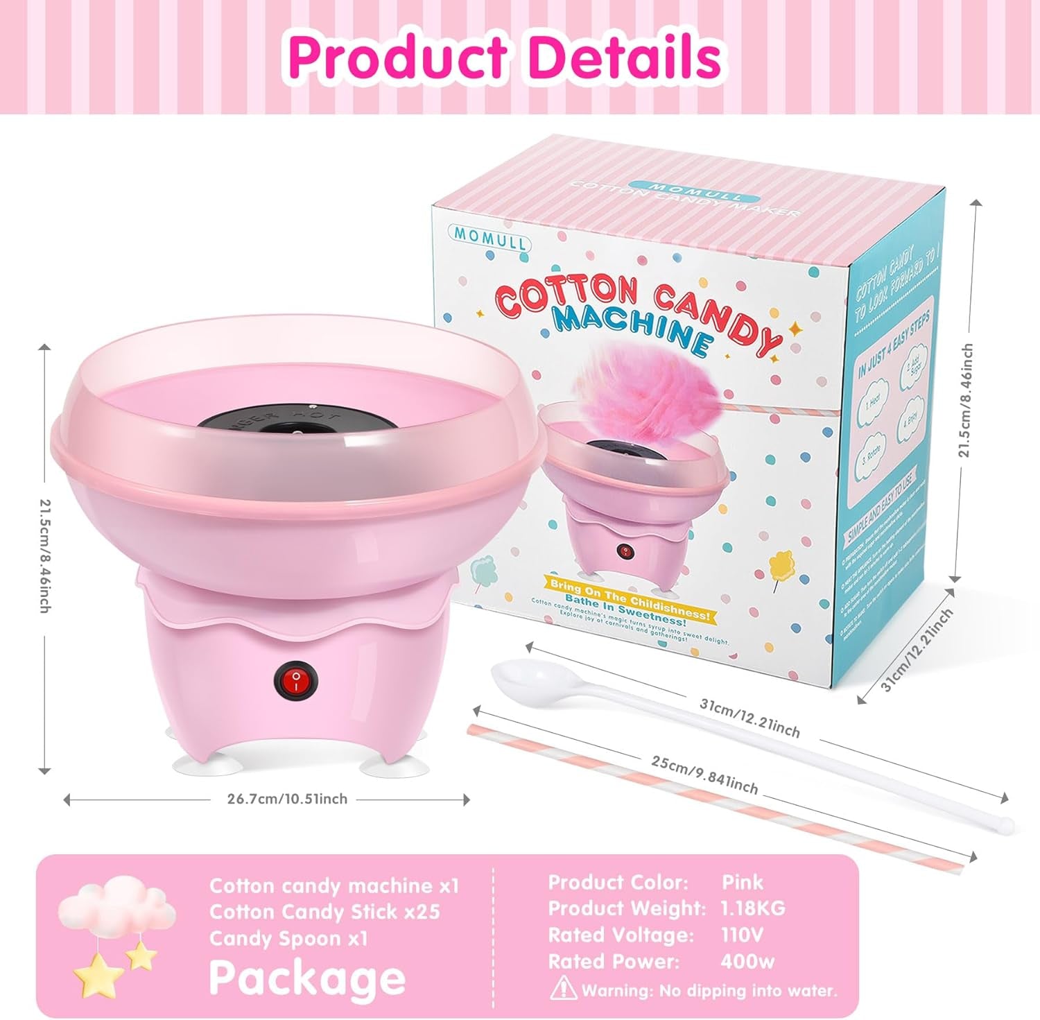 Cotton Candy Machine, Mini Cotton Candy Maker for Kids, Pink Vintage Candy Maker for Christmas Gift, Home, Birthday Family Party, Includes 20 Cotton Candy Sticks & Sugar Scoop
