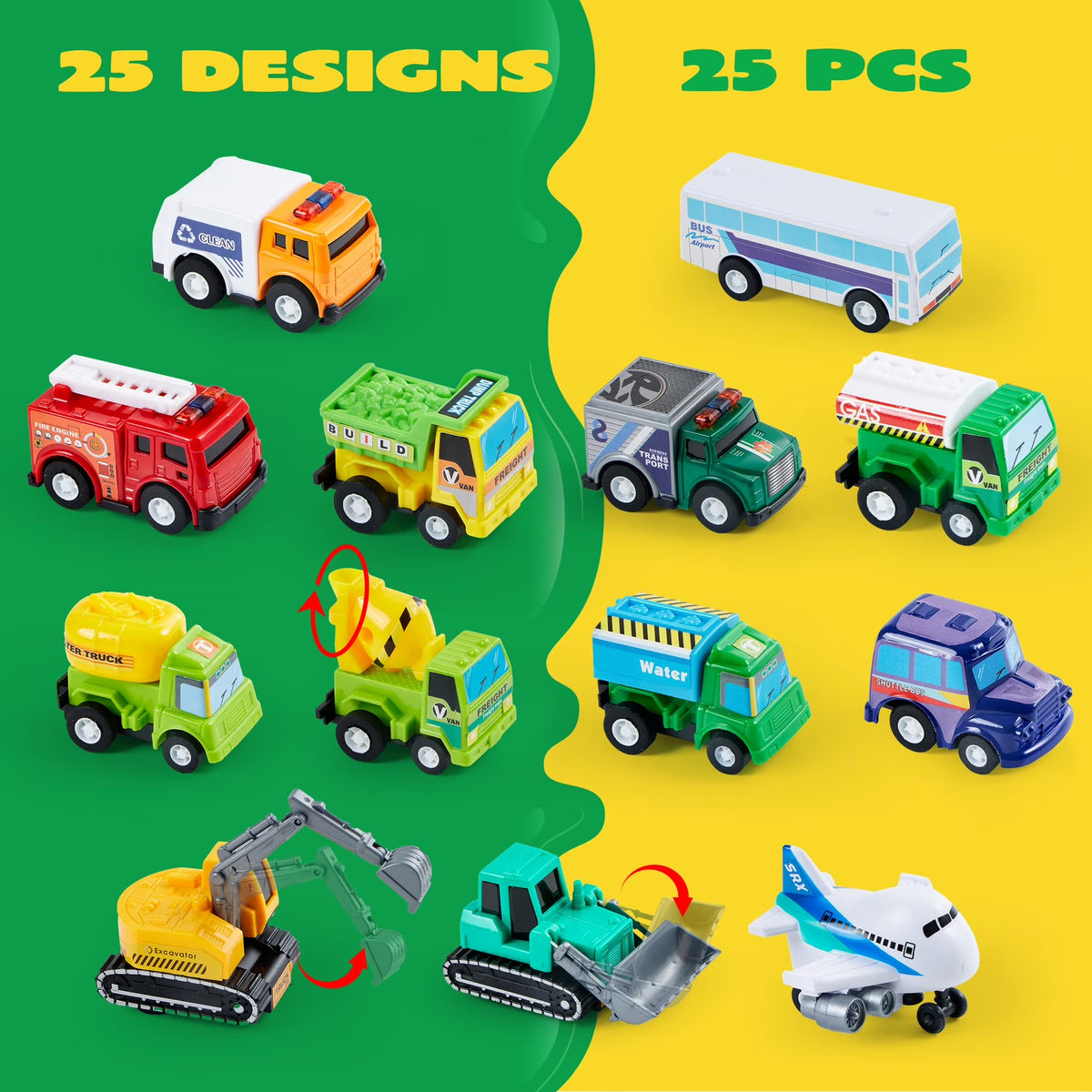 JOYFY 25 Pcs Kids Toy Cars Bulk, Pull Back Cars and Trucks Play Vehicles Set, Mini Excavator Party Favors Birthday Gift for Boys and Girls