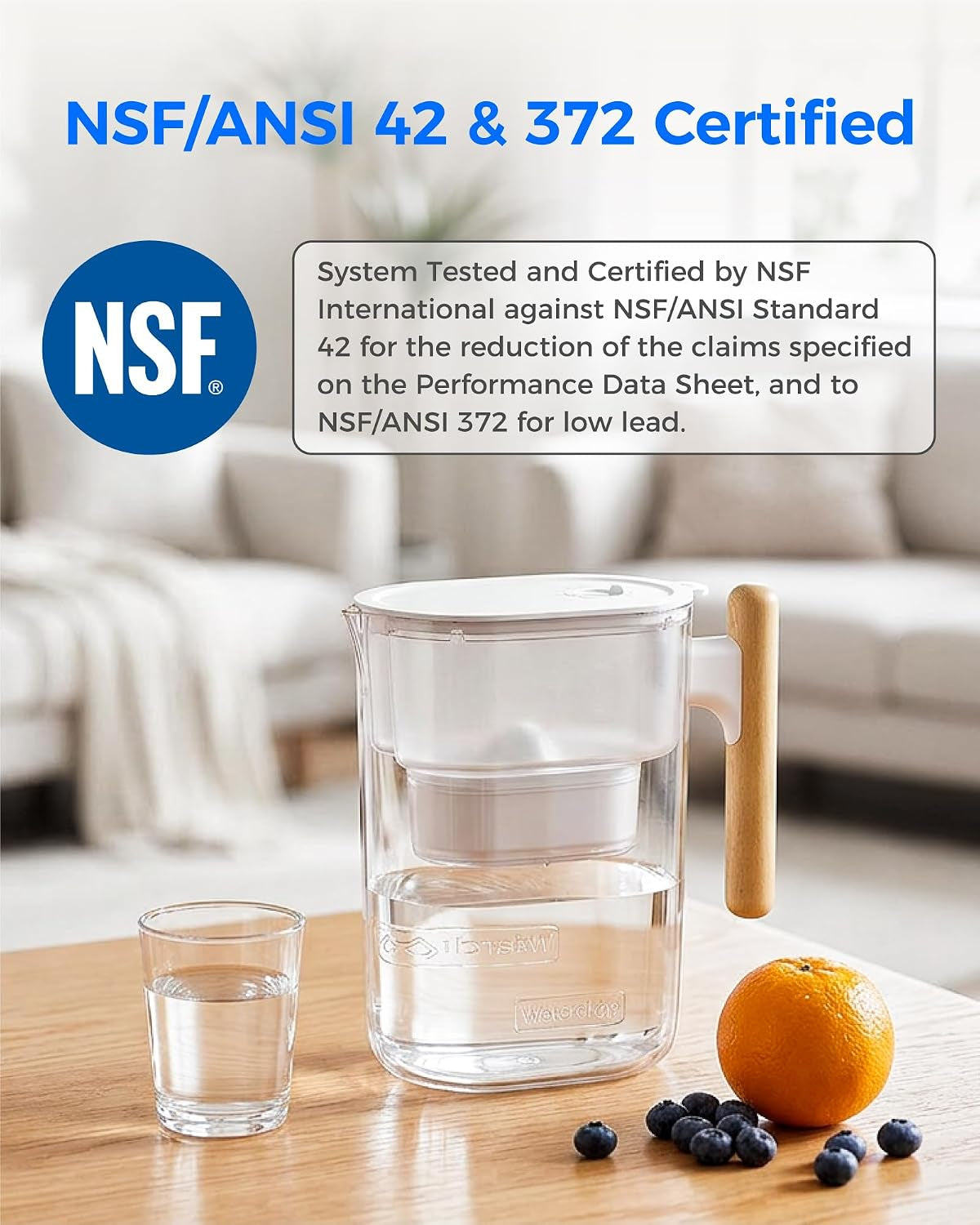 Waterdrop PT-04C Water Filter Pitcher, 10-Cup, NSF Certified, Clear | 200-Gallon Long-Life Filter, 5X Longer Filter Life, Reduces PFOA/PFOS and Chlorine, Bpa-Free, Sturdy Wooden Handle