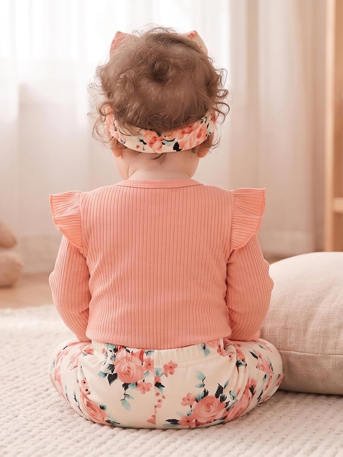 Yvowming Newborn Infant Baby Girl Clothes Outfits Rib Romper Floral Pants with Headband Winter Clothing Set
