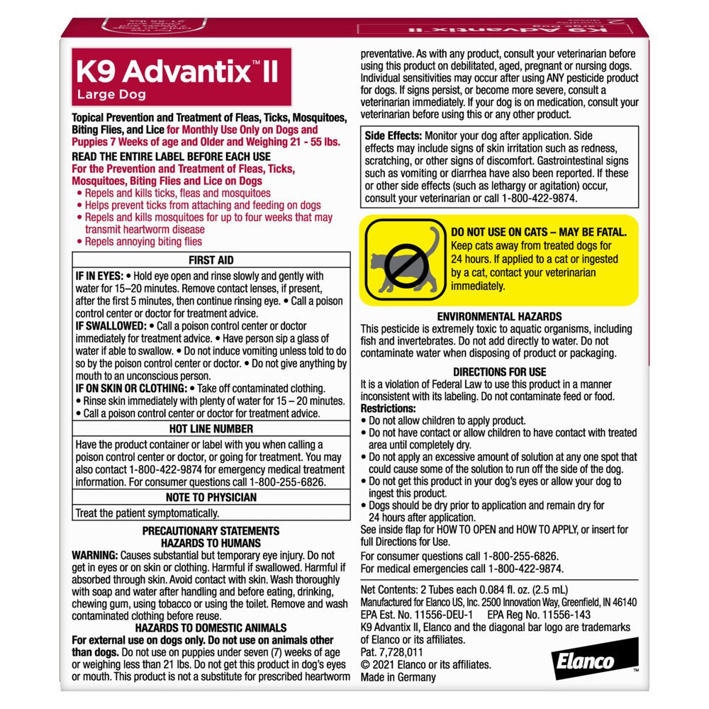 K9 Advantix II Monthly Flea & Tick Prevention for Large Dogs 21-55 Lbs, 2-Monthly Treatment