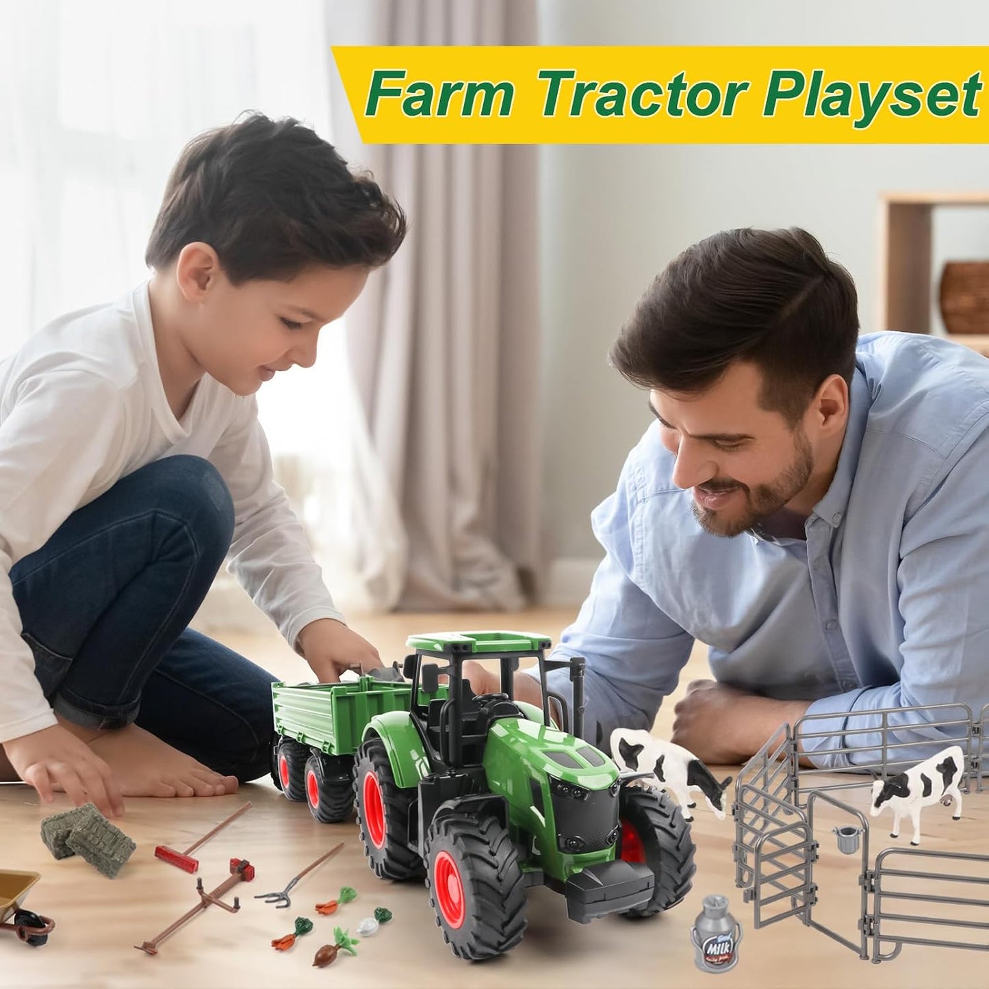 Peagprav Farm Animal Tractor Toys Playset-16.5 Inches Tractor with Trailer Fence,Farmer,Tree,Cow,Farm Toy Set for Boys Girls Kids Toddlers Age 3-7 Years Old