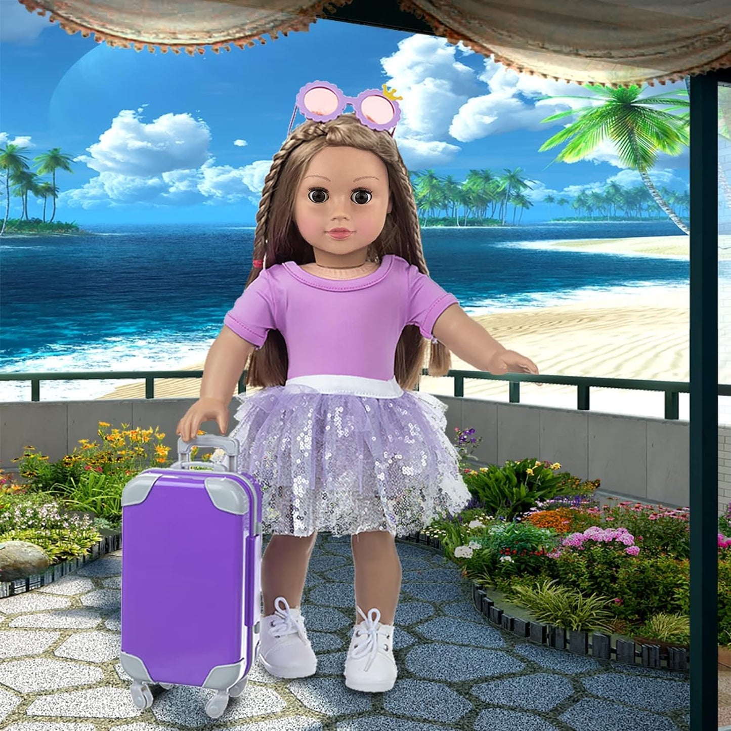 ZNTWEI American 18 Inch Doll Travel Suitcase Play Set with 18 Inch Doll Clothes and Accessories Including Sunglasses Camera Computer Phone Ipad Travel Pillow Ect
