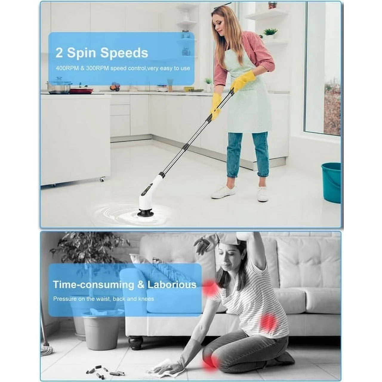 Leebein Electric Spin Scrubber, Cordless Cleaning Brush with 8 Replaceable Brush Heads, Power Scrubber with Adjustable & Detachable Handle for Bathroom Kitchen Car,White