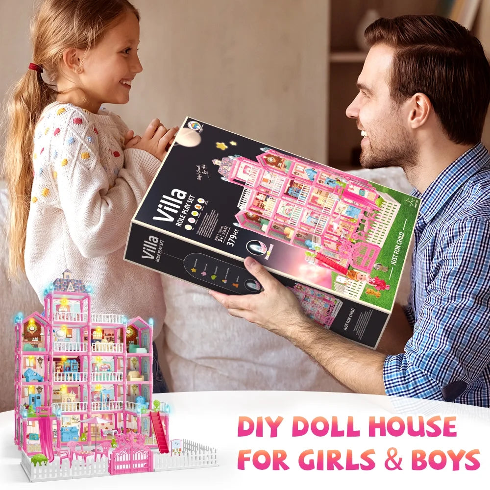 Joystone Doll House for Girls, 5-Story 19 Rooms Huge Dollhouse Playset with LED Lights, 2 Dolls, Furnitures, Accessories, DIY Pretend Play House Toys Gifts for Kids, Pink